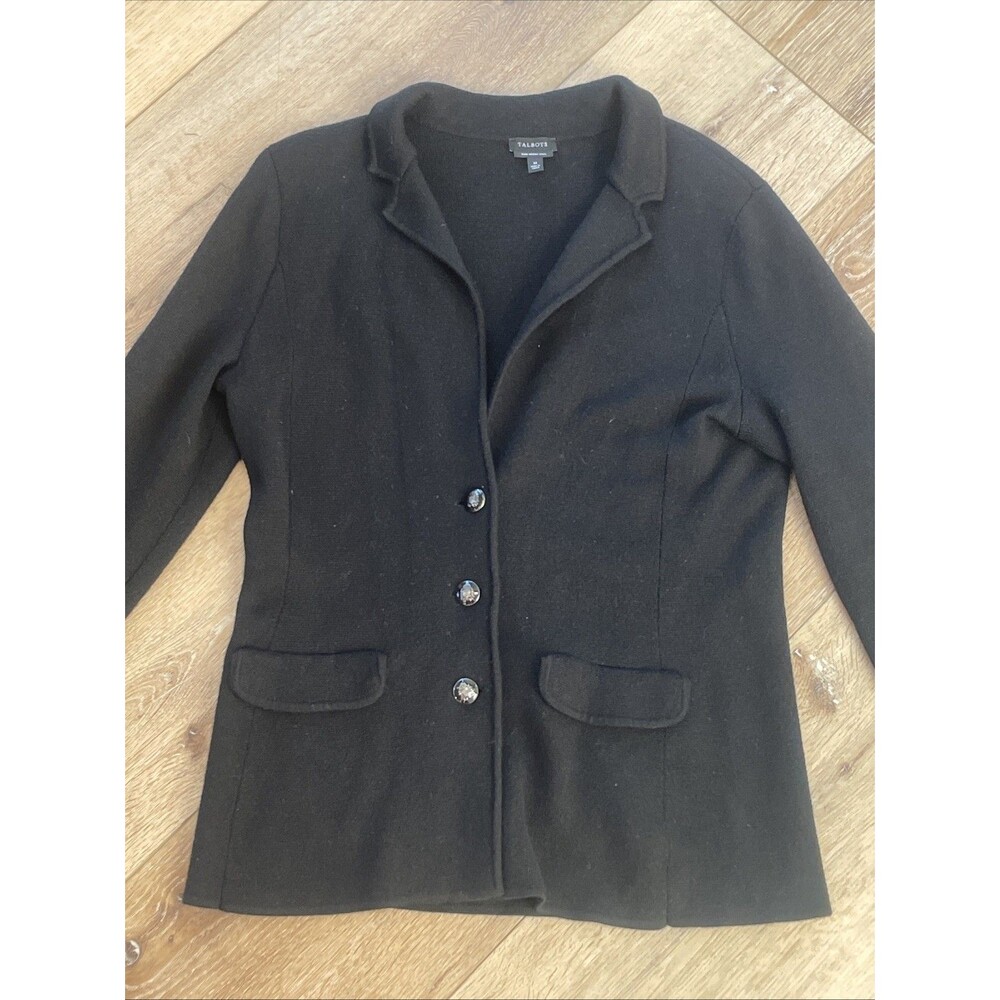 Talbots 100% Pure Merino Wool Black Sweater Blazer Cardigan Size Med